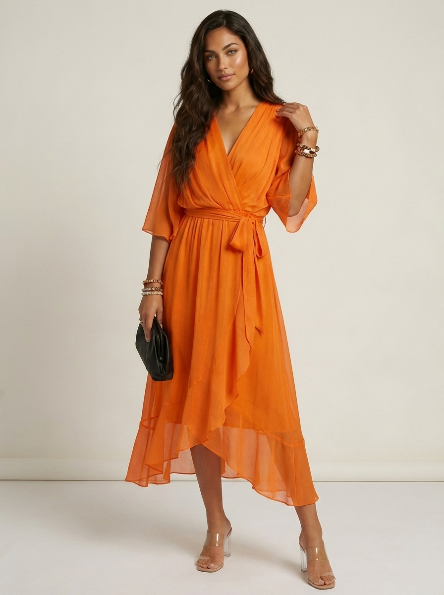 Women's V-Neck Wrap Midi Dress – Tie Waist Billowy Sleeve Cocktail Dress