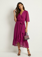 Women's V-Neck Wrap Midi Dress – Tie Waist Billowy Sleeve Cocktail Dress