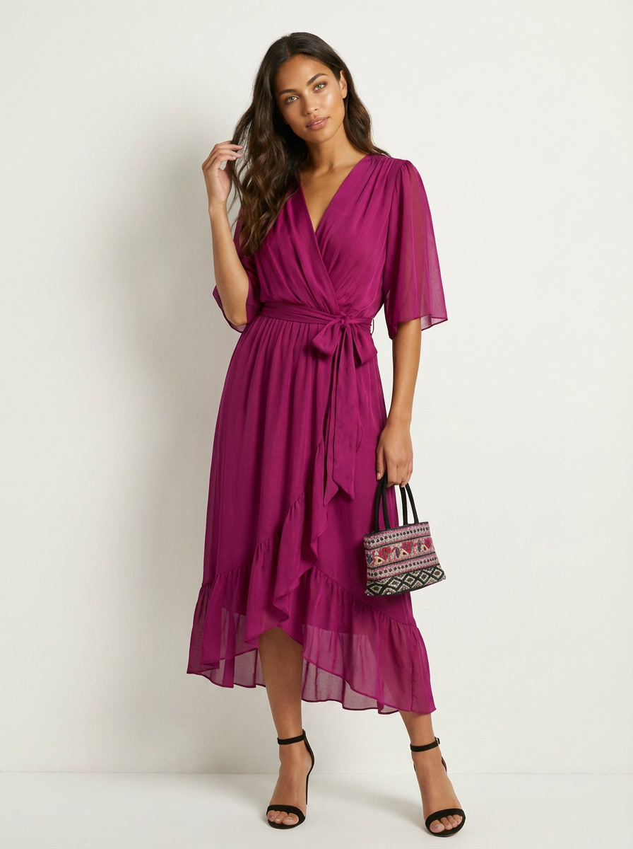Women's V-Neck Wrap Midi Dress – Tie Waist Billowy Sleeve Cocktail Dress