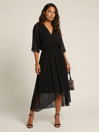 Women's V-Neck Wrap Midi Dress – Tie Waist Billowy Sleeve Cocktail Dress