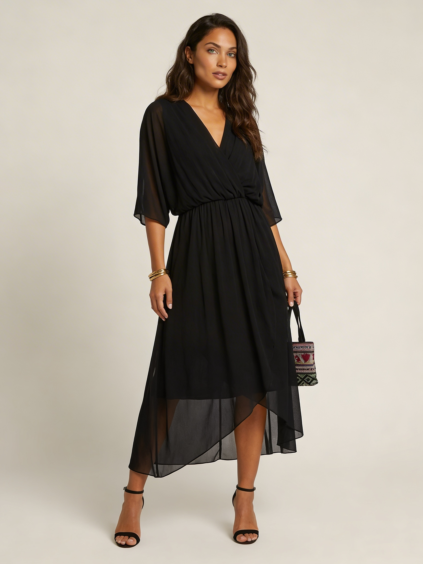 Women's V-Neck Wrap Midi Dress – Tie Waist Billowy Sleeve Cocktail Dress