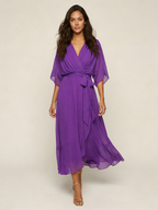 Women's V-Neck Wrap Midi Dress – Tie Waist Billowy Sleeve Cocktail Dress