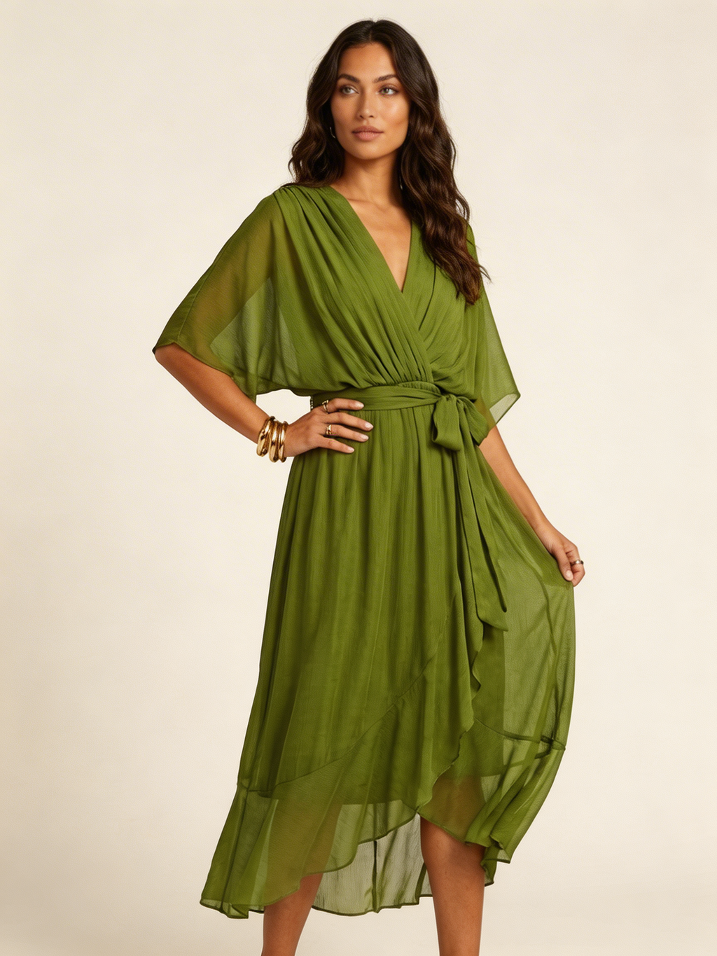 Women's V-Neck Wrap Midi Dress – Tie Waist Billowy Sleeve Cocktail Dress