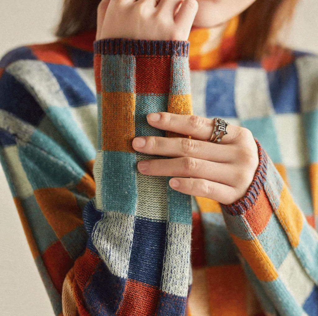 Women's Patchwork High Neck Sweater – Patterned Turtleneck Knit Pullover