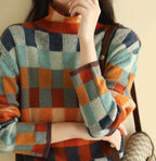 Women's Patchwork High Neck Sweater – Patterned Turtleneck Knit Pullover