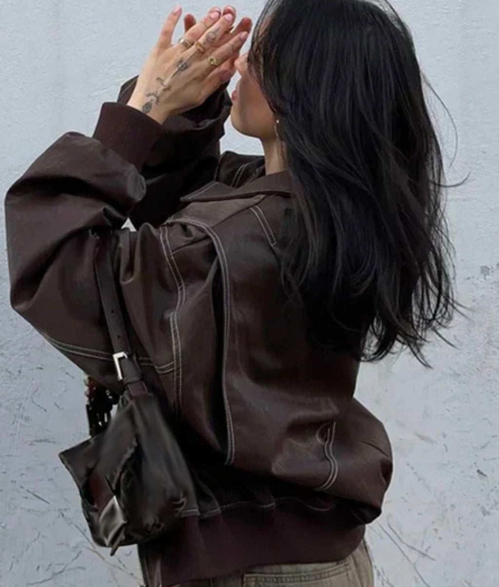 Women's Brown Leather Look Bomber Jacket – Oversized Vintage Zip Jacket