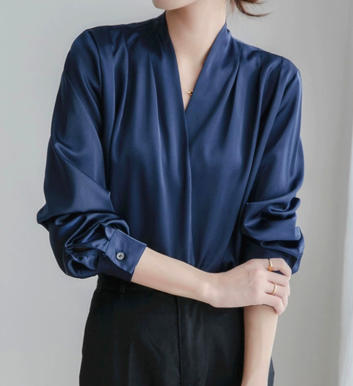 Women's Pleated Satin Blouse – V-Neck Puff Sleeve Blouse