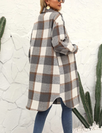 Women's Plaid Long Coat – Relaxed Button Front Winter Coat