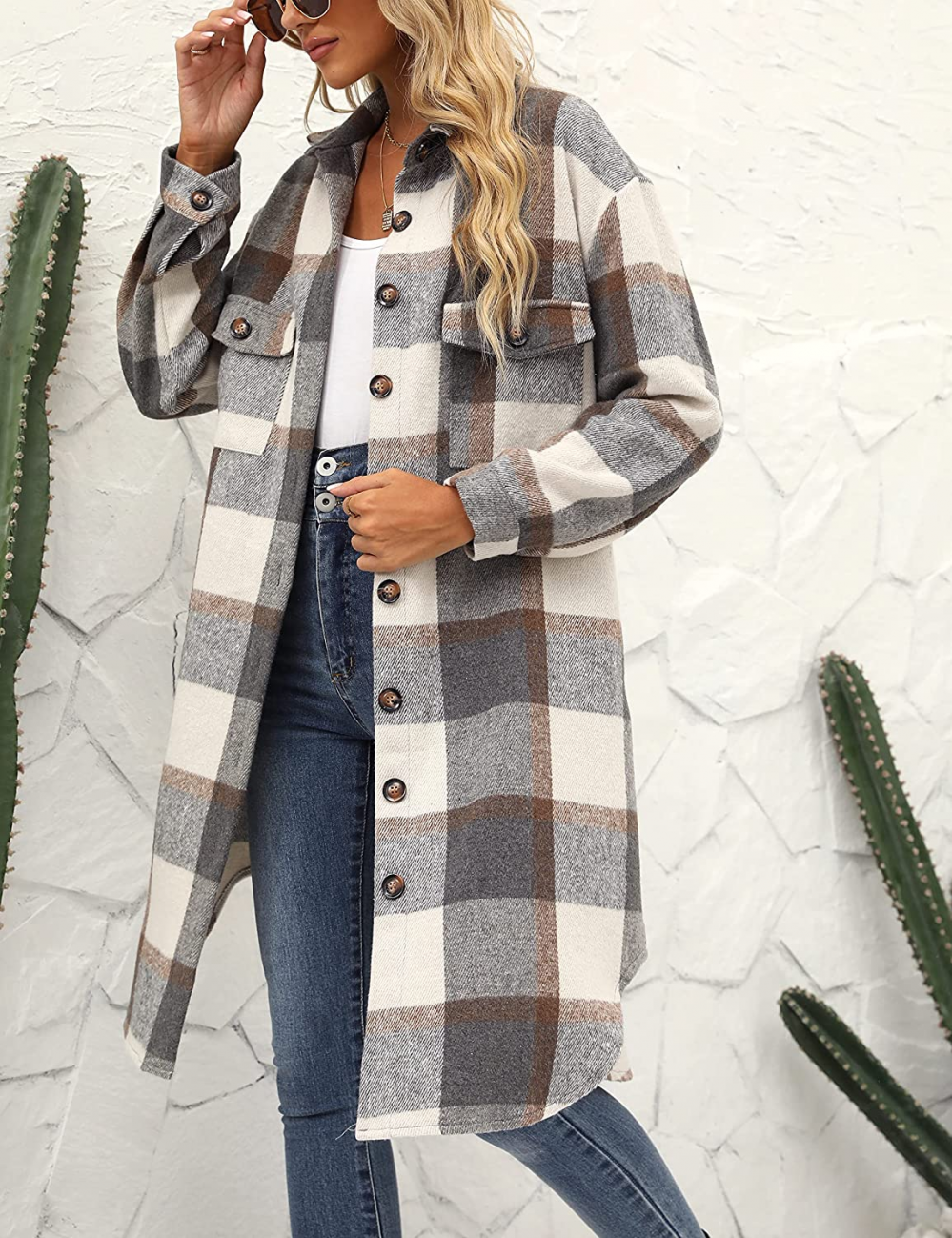 Women's Plaid Long Coat – Relaxed Button Front Winter Coat