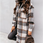 Women's Plaid Long Coat – Relaxed Button Front Winter Coat