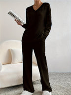 Women's V-Neck Lounge Set – Ribbed Knit Set