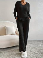 Women's V-Neck Lounge Set – Ribbed Knit Set