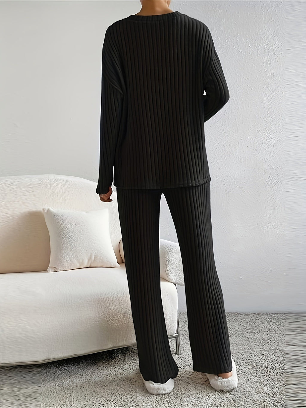 Women's V-Neck Lounge Set – Ribbed Knit Set