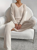 Women's V-Neck Lounge Set – Ribbed Knit Set