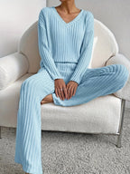 Women's V-Neck Lounge Set – Ribbed Knit Set