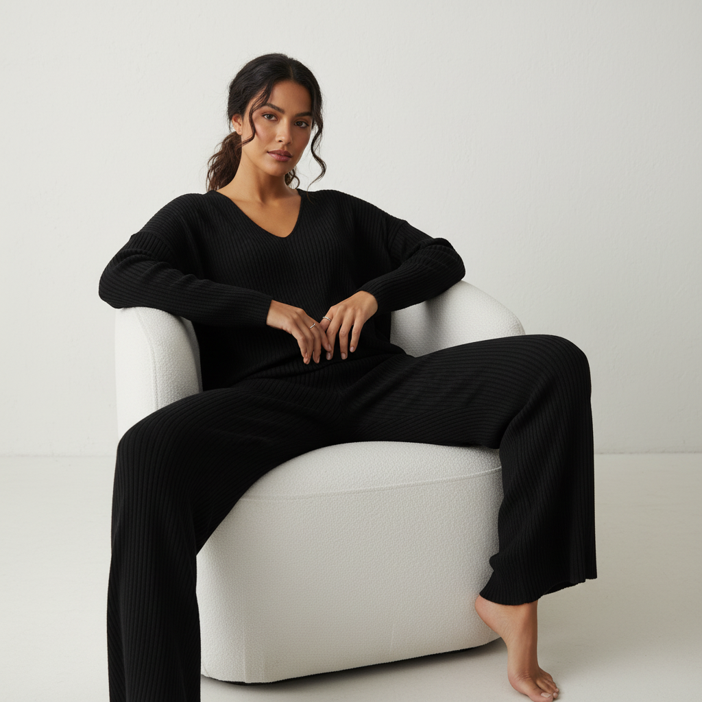 Women's V-Neck Lounge Set – Ribbed Knit Set
