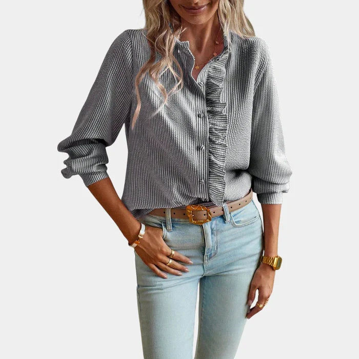 Women's Striped Ruffle Blouse – Button Front Long Sleeve Blouse