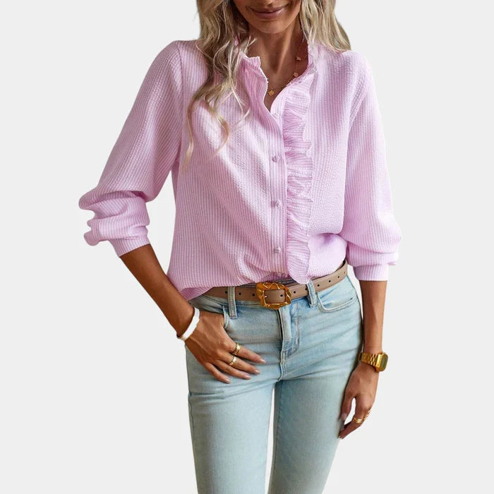 Women's Striped Ruffle Blouse – Button Front Long Sleeve Blouse