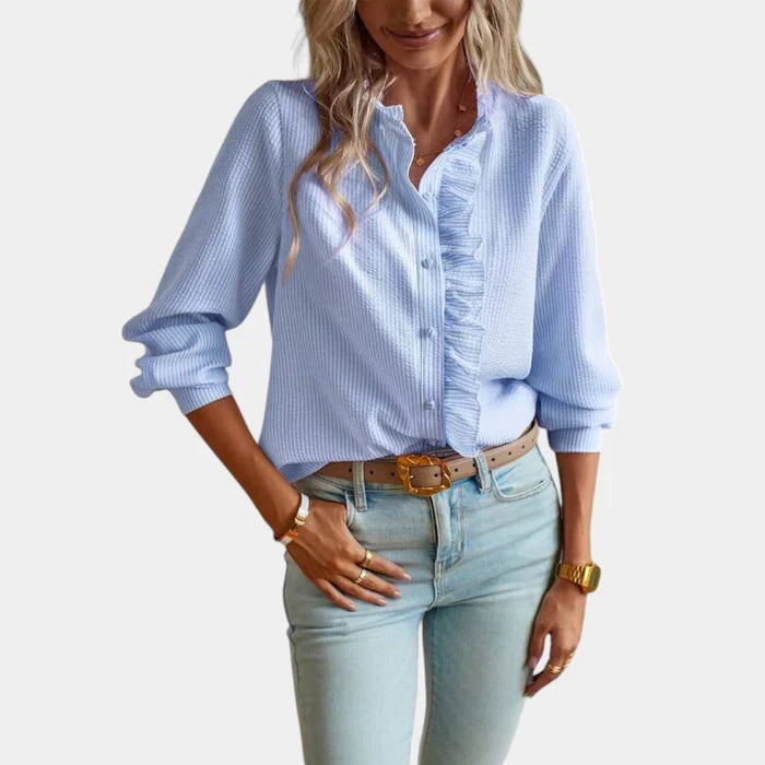Women's Striped Ruffle Blouse – Button Front Long Sleeve Blouse
