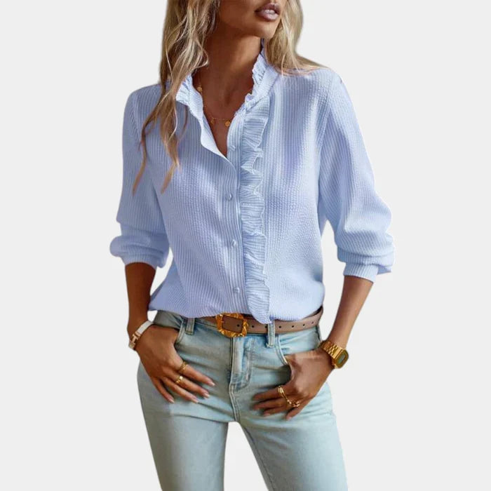 Women's Striped Ruffle Blouse – Button Front Long Sleeve Blouse