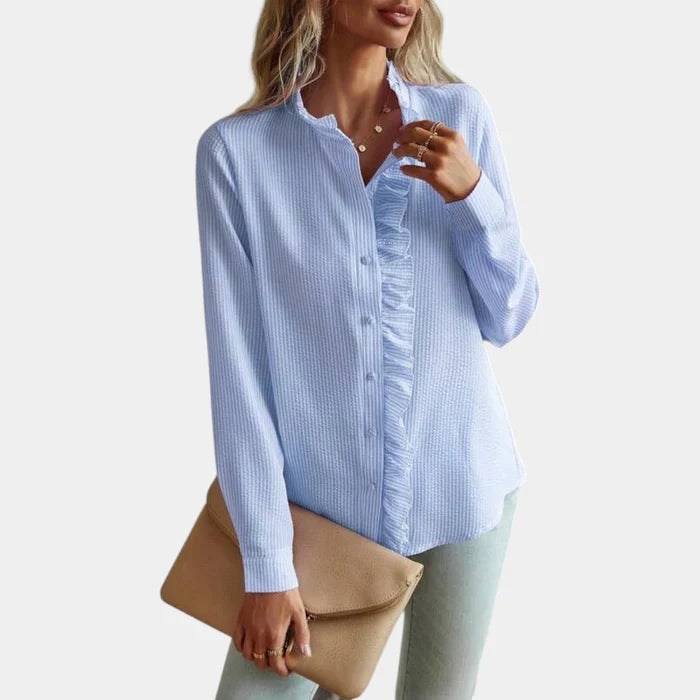 Women's Striped Ruffle Blouse – Button Front Long Sleeve Blouse