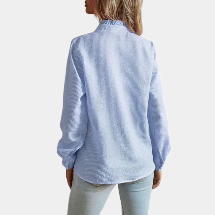 Women's Striped Ruffle Blouse – Button Front Long Sleeve Blouse