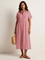 Women's Striped Shirt Dress – Collared Button-Up Midi Dress