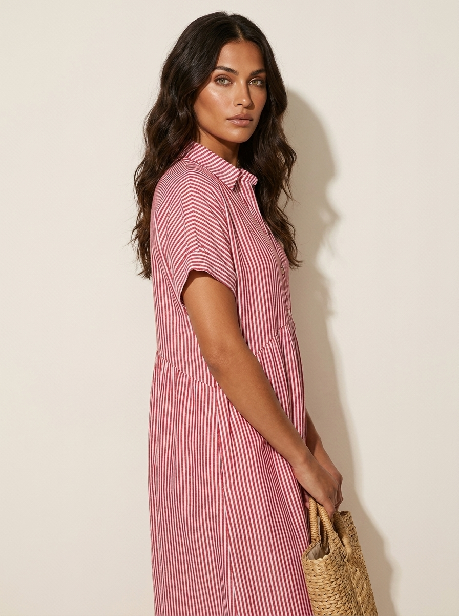 Women's Striped Shirt Dress – Collared Button-Up Midi Dress