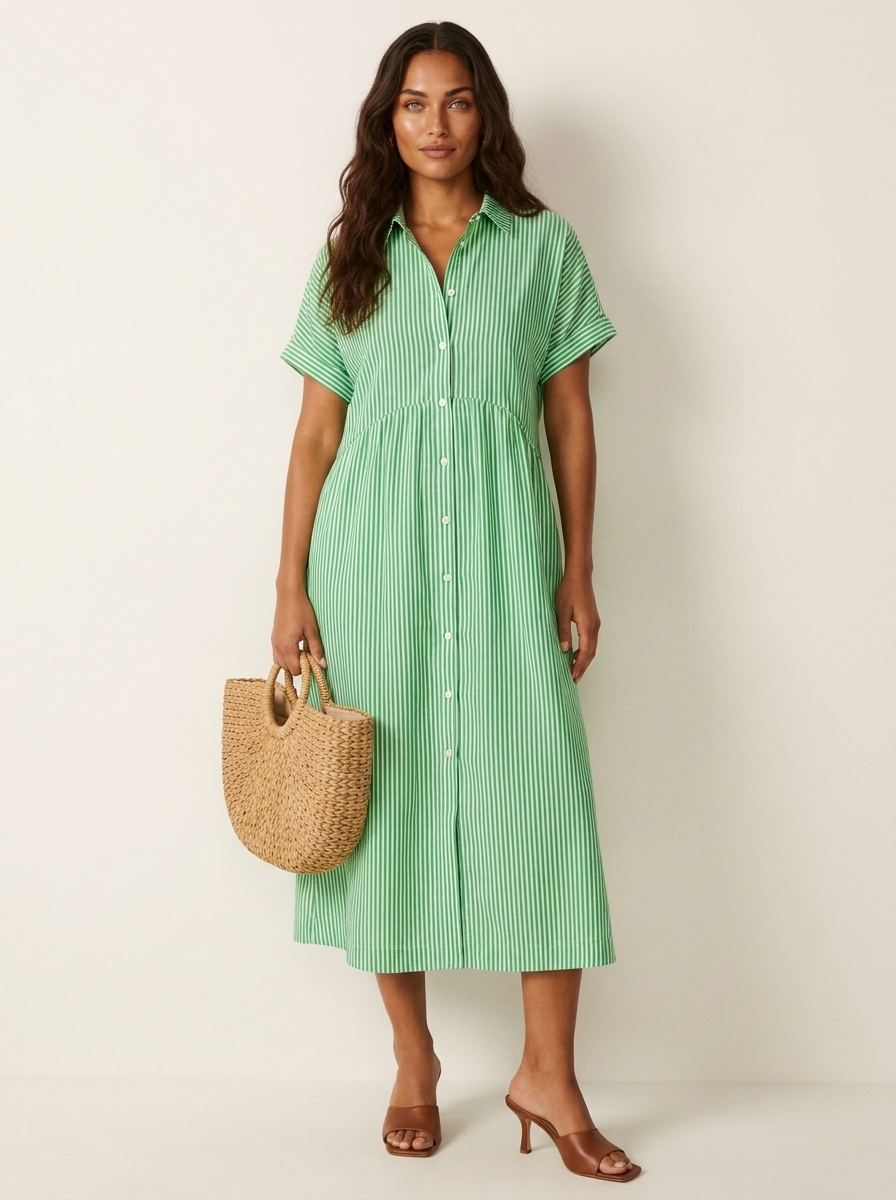 Women's Striped Shirt Dress – Collared Button-Up Midi Dress
