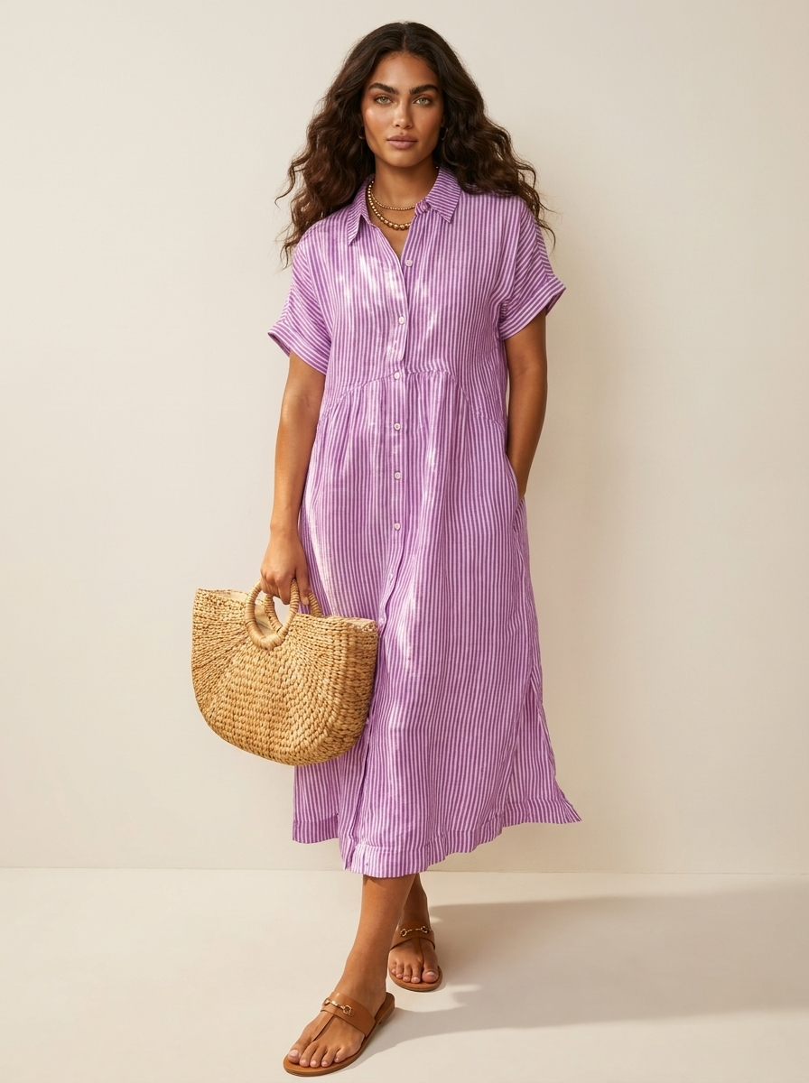 Women's Button-Up Shirt Dress – Striped Summer Dress