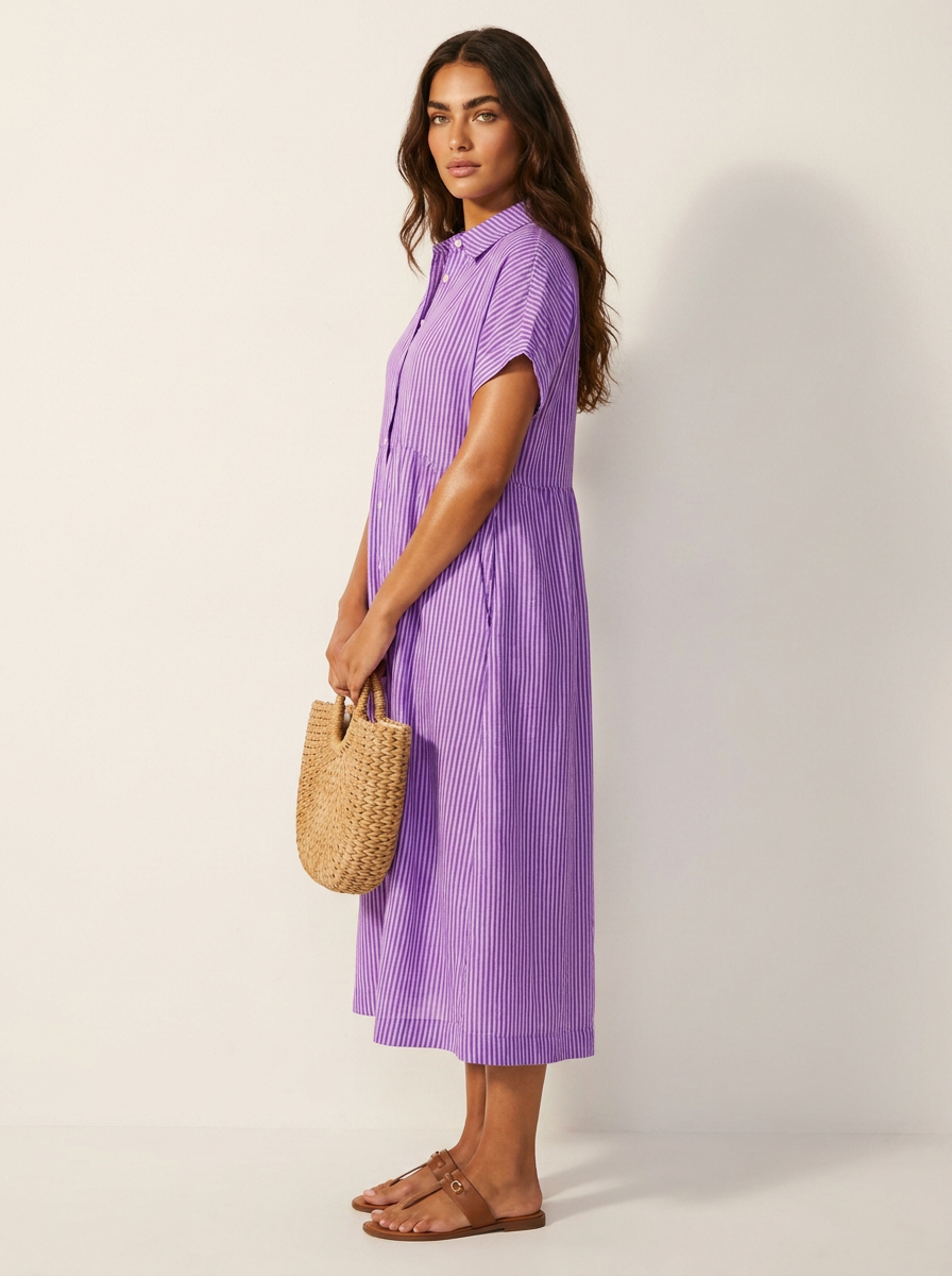 Women's Button-Up Shirt Dress – Striped Summer Dress