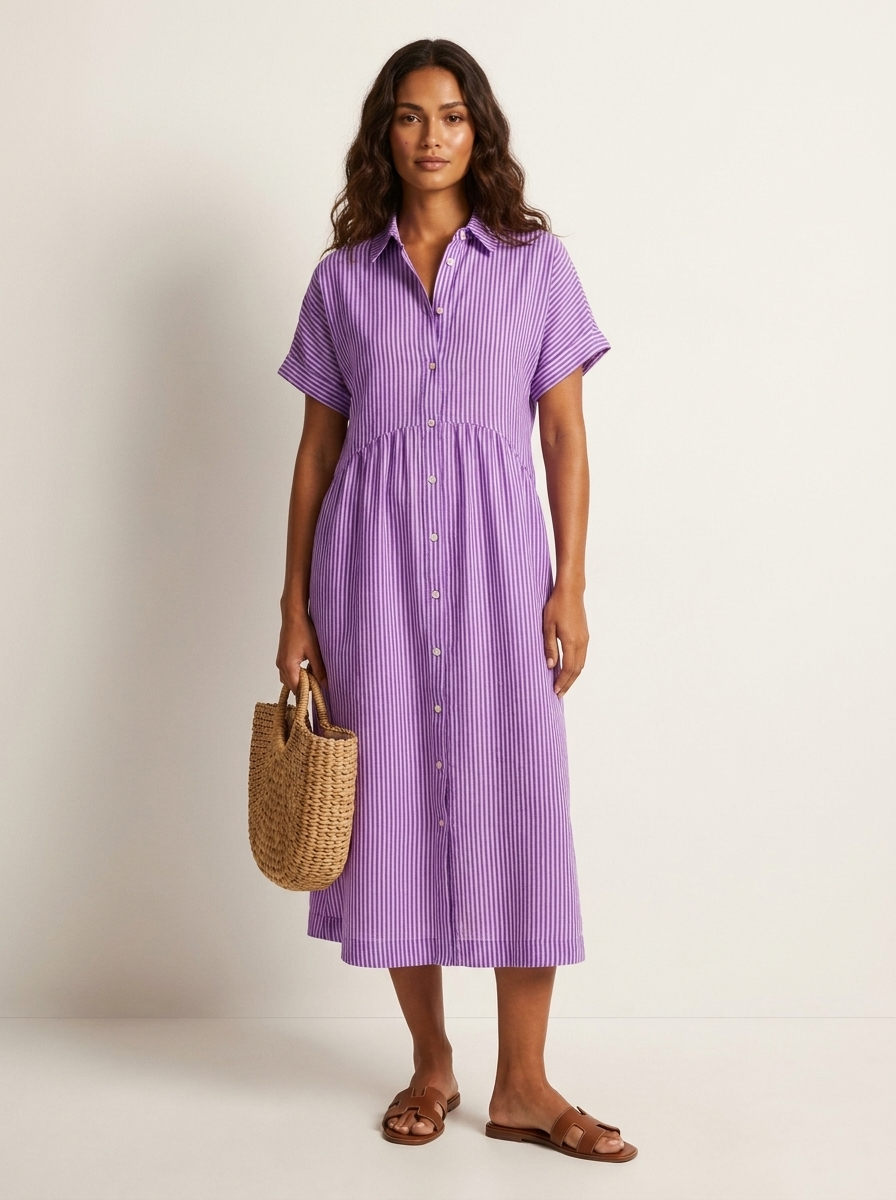 Women's Button-Up Shirt Dress – Striped Summer Dress