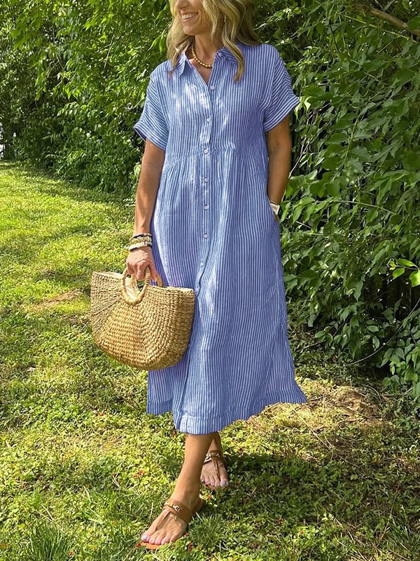 Women's Striped Shirt Dress – Collared Button-Up Midi Dress