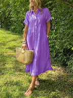 Women's Striped Shirt Dress – Collared Button-Up Midi Dress