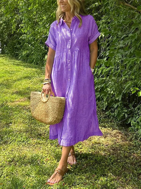 Women's Striped Shirt Dress – Collared Button-Up Midi Dress
