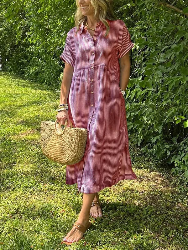 Women's Button-Up Shirt Dress – Striped Summer Dress