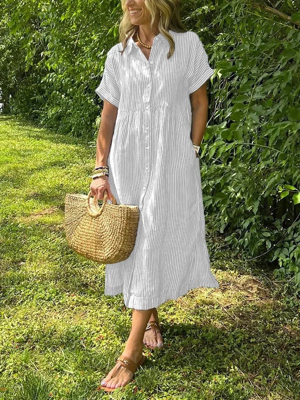 Women's Striped Shirt Dress – Collared Button-Up Midi Dress