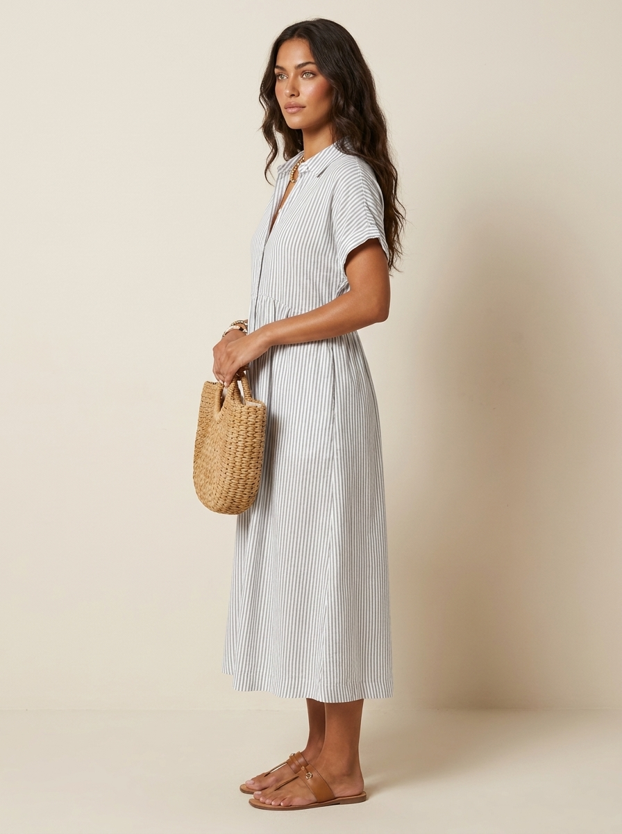 Women's Striped Shirt Dress – Collared Button-Up Midi Dress