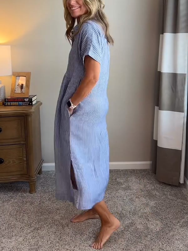 Women's Striped Shirt Dress – Collared Button-Up Midi Dress