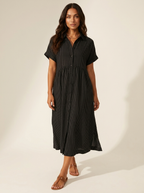 Women's Striped Shirt Dress – Collared Button-Up Midi Dress