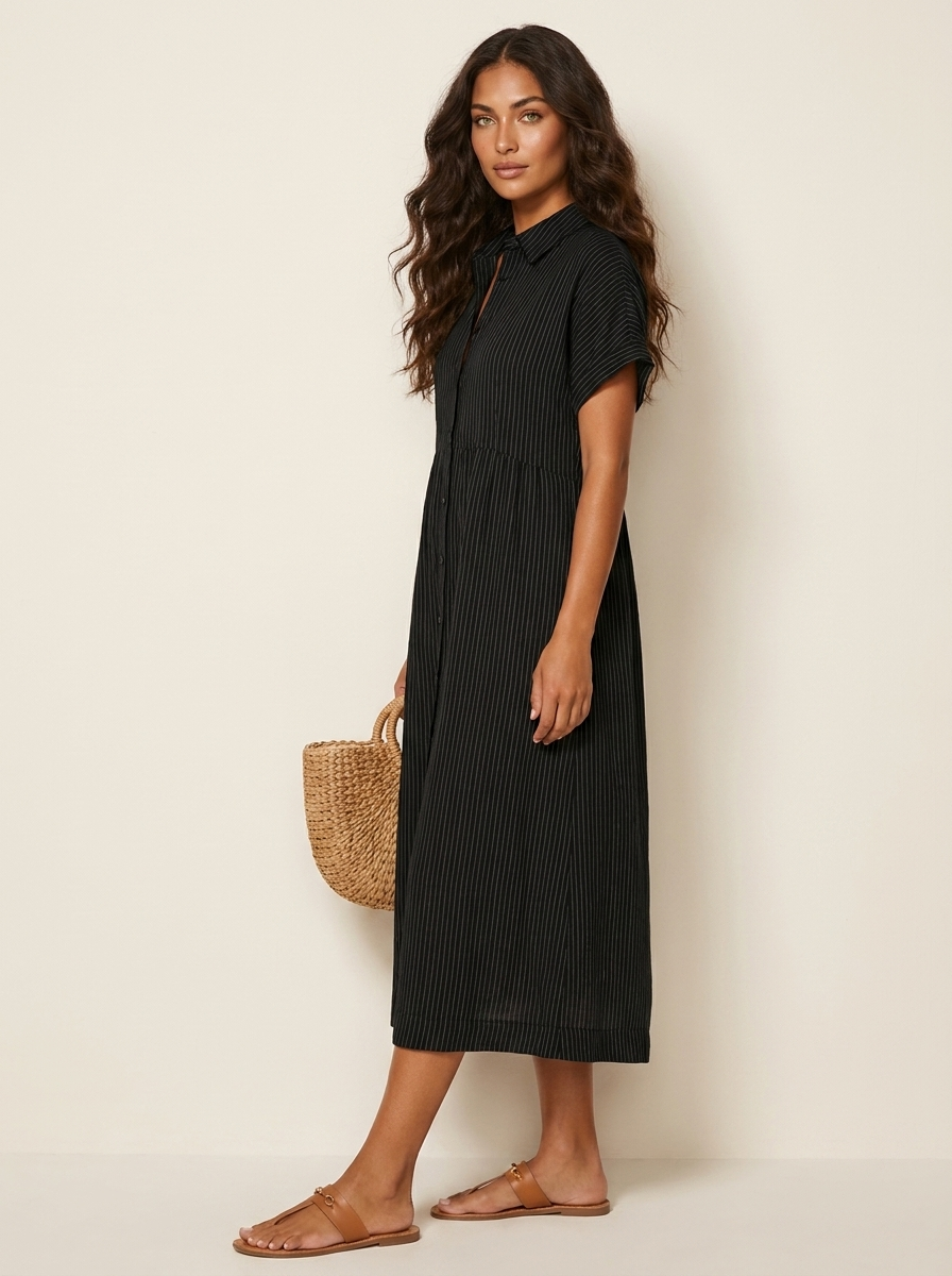 Women's Striped Shirt Dress – Collared Button-Up Midi Dress