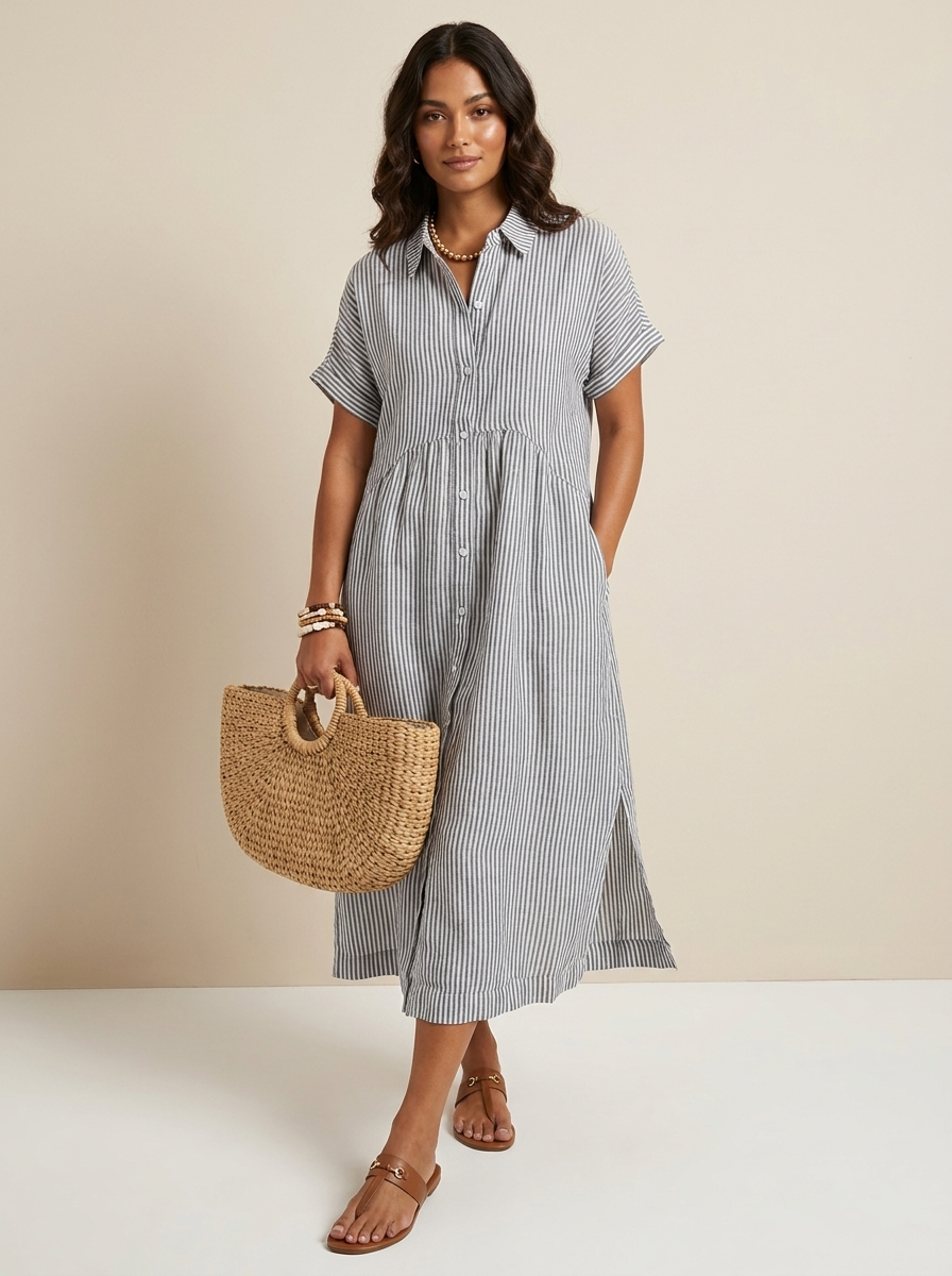Women's Button-Up Shirt Dress – Striped Summer Dress