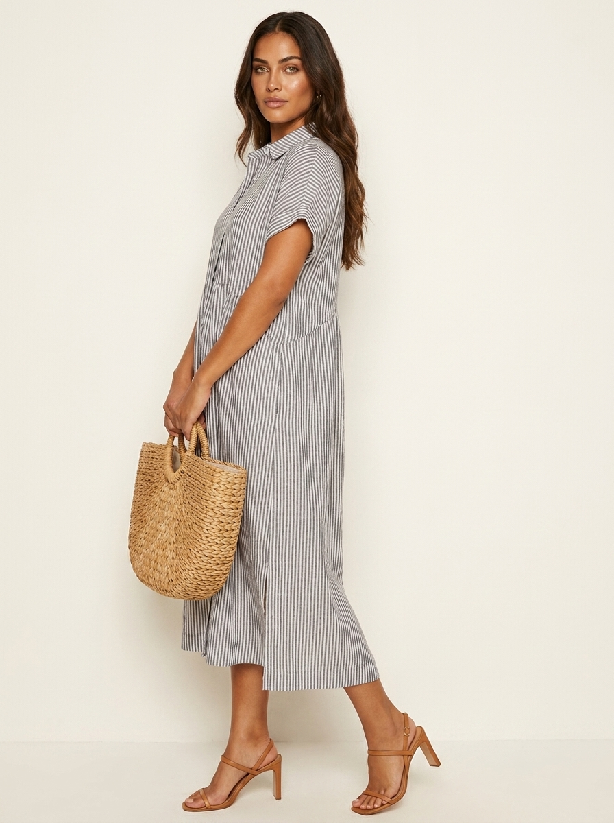 Women's Striped Shirt Dress – Collared Button-Up Midi Dress