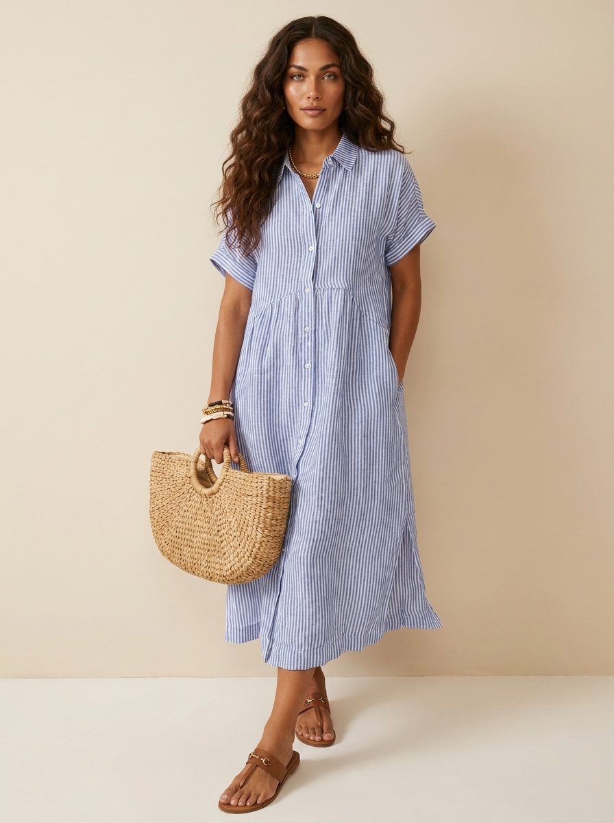 Women's Button-Up Shirt Dress – Striped Summer Dress