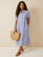 Women's Striped Shirt Dress – Collared Button-Up Midi Dress
