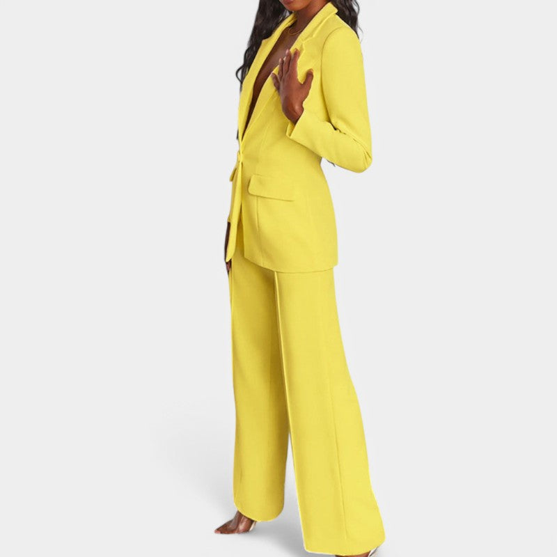 Women's Single Button Tailored Blazer Set – Wide Leg Office Trousers Set