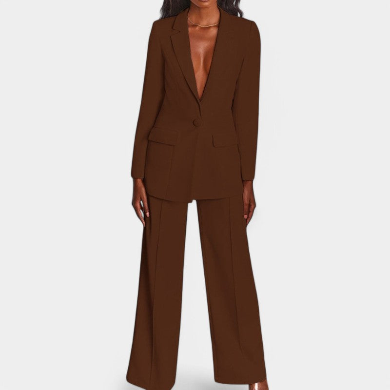Women's Single Button Tailored Blazer Set – Wide Leg Office Trousers Set