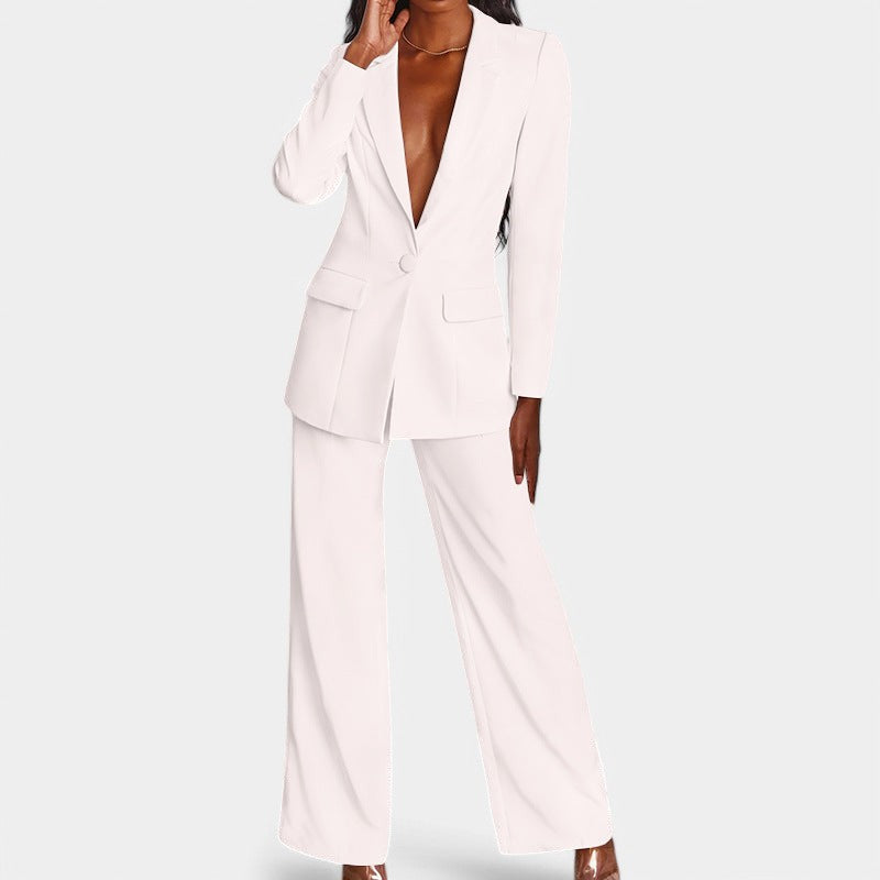 Women's Single Button Tailored Blazer Set – Wide Leg Office Trousers Set
