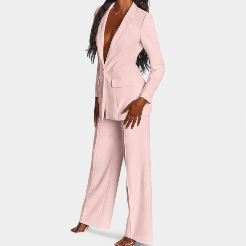 Women's Single Button Tailored Blazer Set – Wide Leg Office Trousers Set
