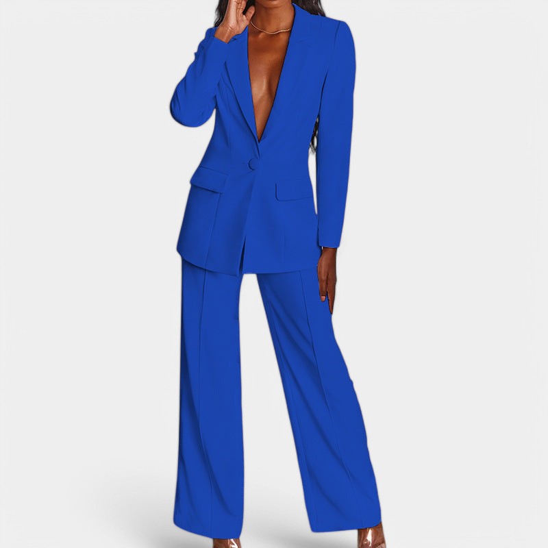 Women's Single Button Tailored Blazer Set – Wide Leg Office Trousers Set
